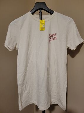 Cream Short Sleeve Tee with Red Script Chest Logo